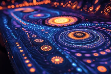 Abstract concentric circles in a vibrant blue and orange color scheme.