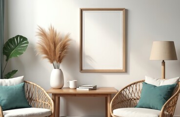 AI generated coastal home interior mockup with blank frame, wooden furniture, lamp, vase with dry grass. Stylish living room design template in boho scandinavian style.