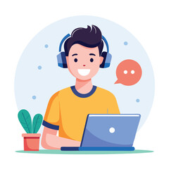man in headphones, studying at laptop. Happy female student watching business webinar. Video conference call, remote work communication. Flat vector illustration isolated on white background