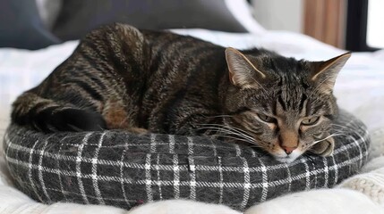 A cozy cat nestled on a floating cushion above the ground, radiating comfort and serenity