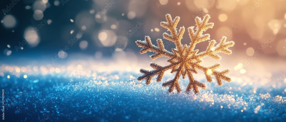 Poster golden snowflake on a snowy surface with bokeh lights creating a magical winter atmosphere and warm 