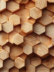 Obraz premium Captivating wooden hexagon mosaic background showcasing intricate grain patterns and warm tones in a geometric arrangement ideal for modern design