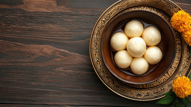 Indian dessert, Delicious White Rasgulla in Syrup, Classic Indian Sweet Dish
