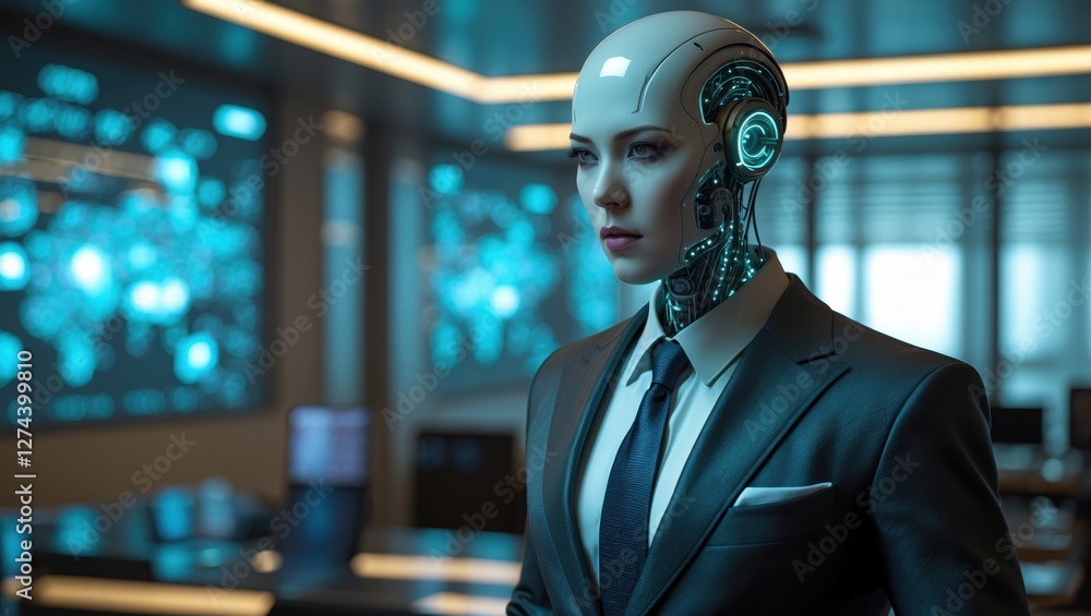 Poster agentic ai presented in a futuristic office setting with advanced technology, showcasing human-like 