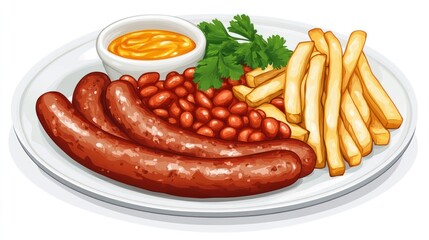 Sausages, beans, fries, and sauce on a plate.  Restaurant menu image