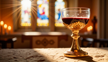 Ornate chalice filled with red wine on stone altar, spiritual ambiance, Maundy Thursday, copy space