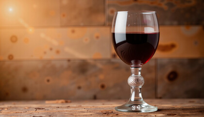Elegant silver chalice with wine on rustic wooden background, tradition, Maundy Thursday, copy space