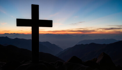 Silhouette of wooden cross against mountains at twilight, spiritual reflection, Maundy Thursday, copy space