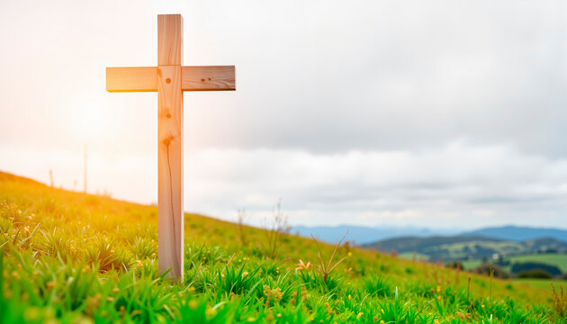 Rustic wooden cross standing on grassy hillside, nature symbolism, Maundy Thursday, copy space