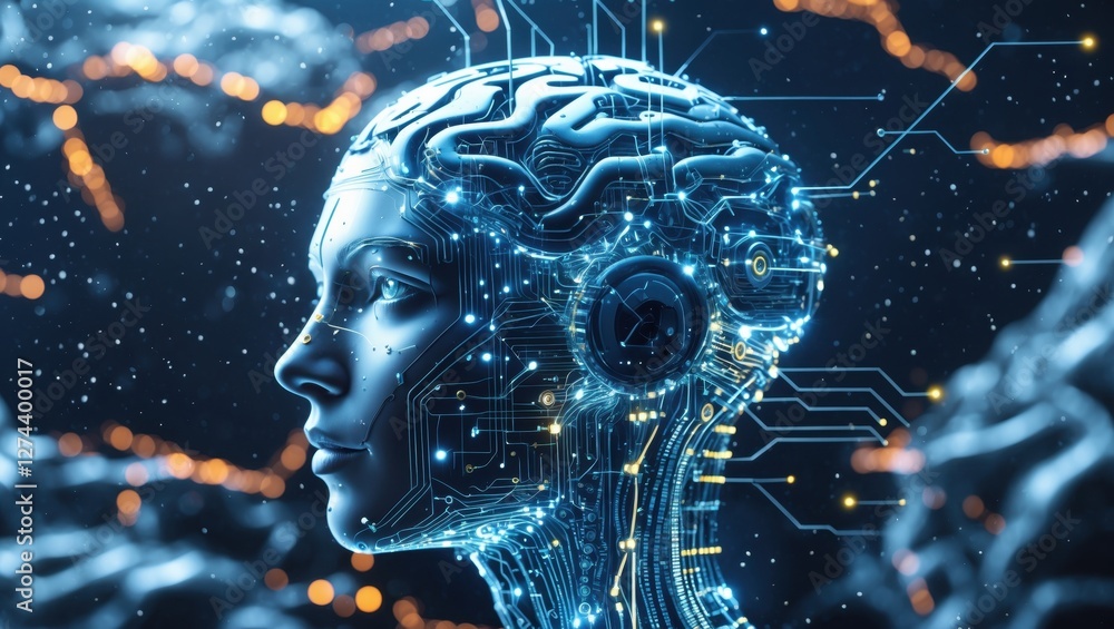 Poster innovative representation of agentic artificial intelligence highlighting neural connections and tec