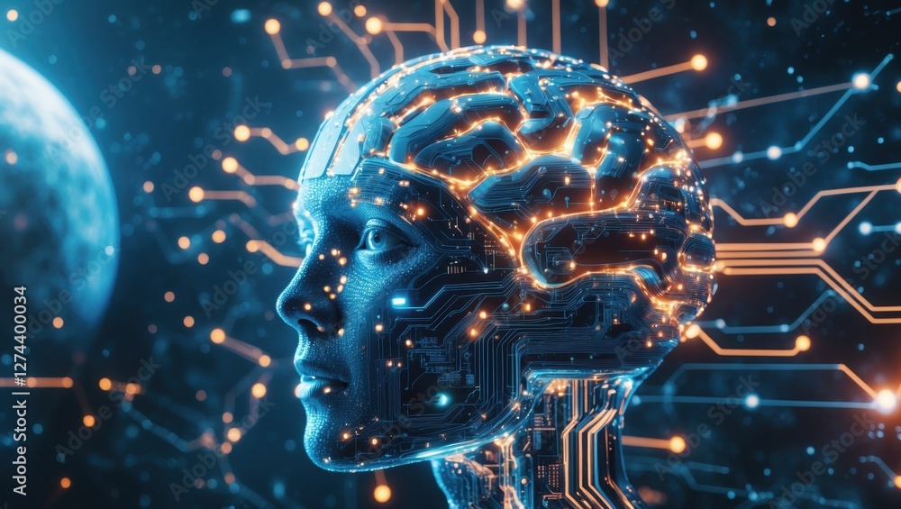 Poster exploring the future of agentic ai through a detailed representation of a digital brain connected to