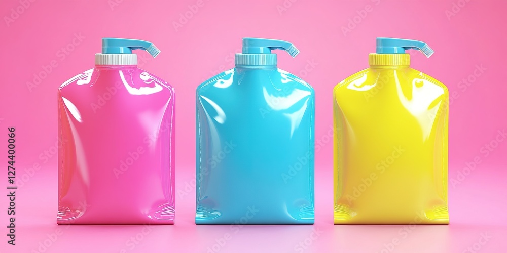 Poster colorful squeeze bottles arranged in a row on a pink background highlighting bold packaging design a