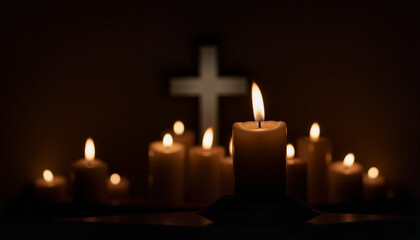Serene burning candle with cross reflection in dark church interior, devotion, candles with cross, Maundy Thursday