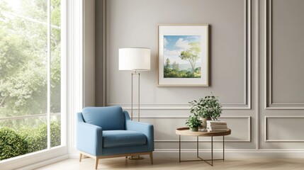 Serene living room with blue armchair, nature artwork, and side table