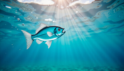 Fototapeta premium Serene glass fish symbol swimming in blue water, ethereal tranquility, copy space