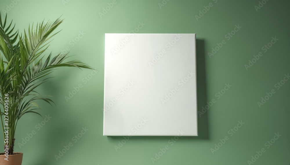 Aufkleber white blank canvas mock-up on light green wall with home plant. square frame. empty poster template.