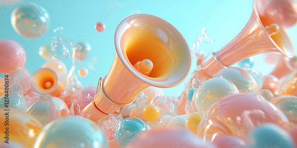 Poster colorful abstract composition featuring trumpet-like objects and bubbles in a serene aquatic setting