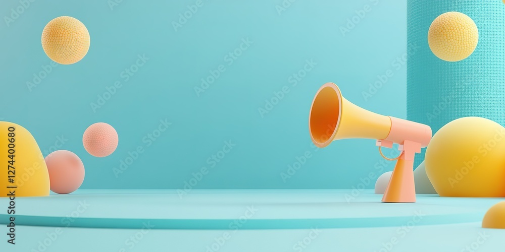 Poster brightly colored megaphone sits against a turquoise backdrop with playful shapes and textures in a w