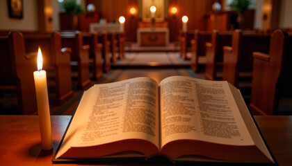 Holy book and candle illuminating church interior, sacred ambiance, Maundy Thursday