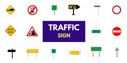 Set of road signs and traffic light vectors. Traffic signs collection. Signs of danger, mandatory, obligations, animal crossing, and alerts. Supplementary and routing table. Temporary traffic signs.