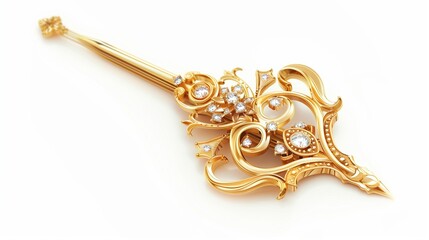 A gold-studded hairpin with fine details and sparkling gems, isolated on a clean white background.