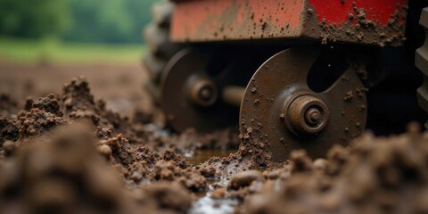 Close-up view of muddy agricultural machinery operating in a freshly tilled field, showcasing the textures of soil and equipment