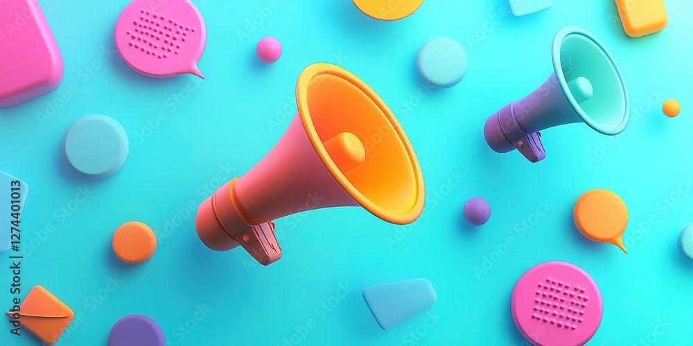 Poster colorful loudspeakers and speech bubbles create a vibrant and dynamic design on a blue background