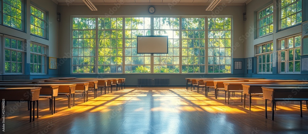 Poster empty classroom with sunlight streaming through large windows. (3)
