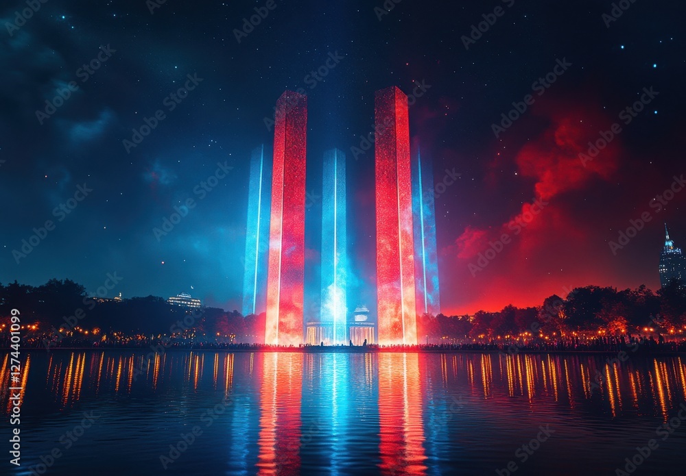 Poster serene night landscape featuring two tower structures displaying colorful light beams reflected in c