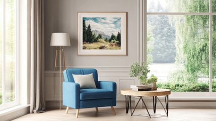 Modern living room with framed landscape. Interior design