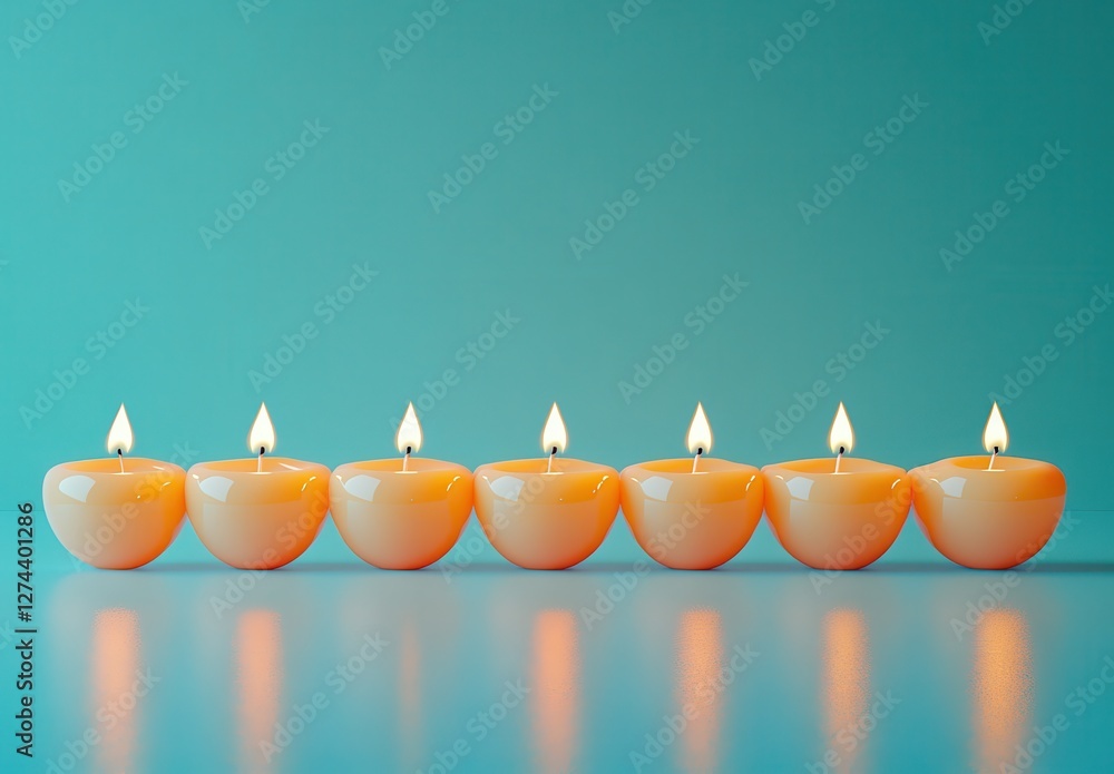 Aufkleber seven orange floating candles with flames on a soft blue background providing a calm and serene atmo