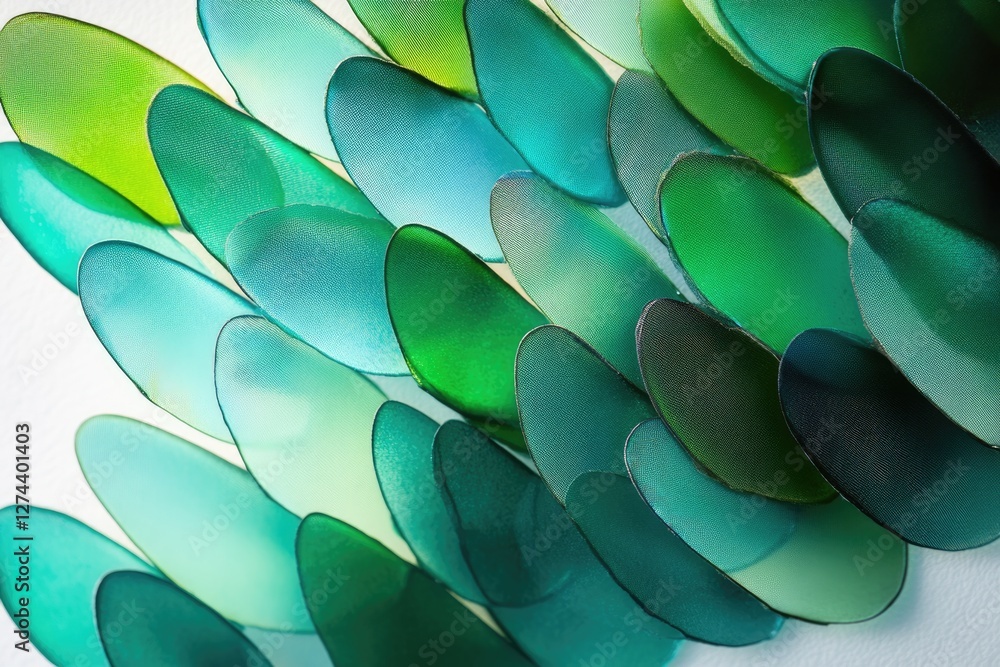 Poster abstract art showcasing overlapping, translucent teal and green ovals, creating a dynamic visual tex