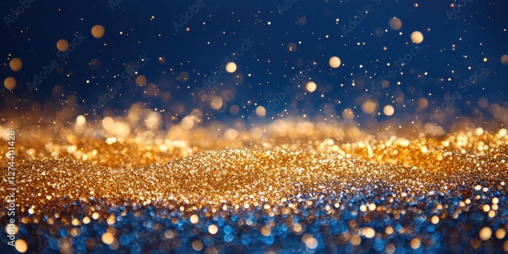 Poster shimmering abstract background with sparkling gold and blue glitter particles creating a magical and