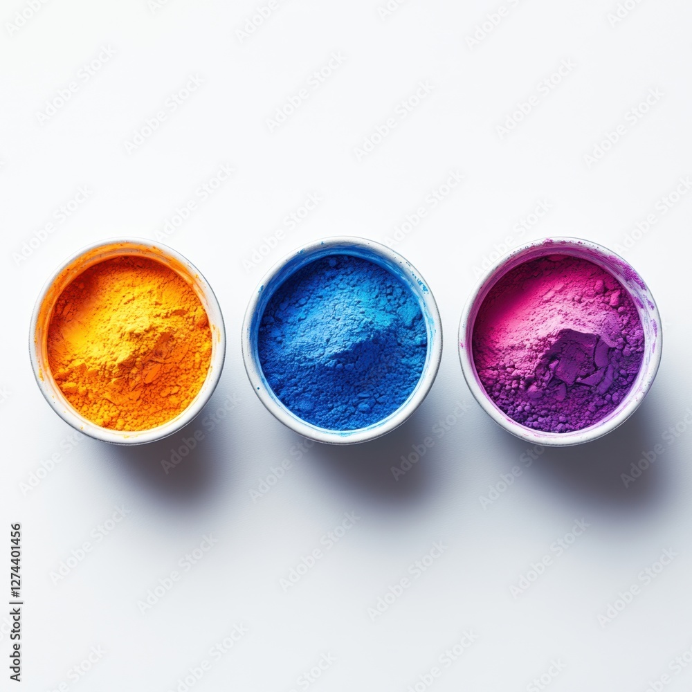 Poster vivid pigments in vibrant hues displayed in containers creating a colorful spectrum for creative pro