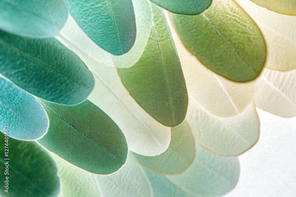 Poster close-up of delicate, translucent feathers in varying shades of green and beige, showcasing intricat