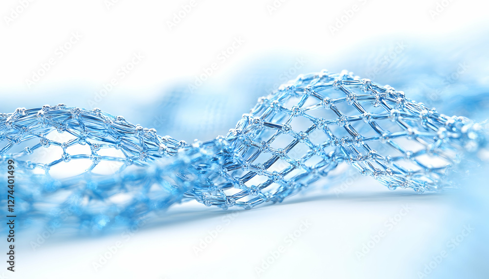 Poster abstract 3d model of a light blue twisted mesh. illustration of a biological structure. possible use
