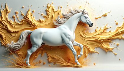 AI generated illustration of running white horse with golden splash effect in the background. Fluid motion of gold adds dynamic to sculpture artwork for wallpaper.