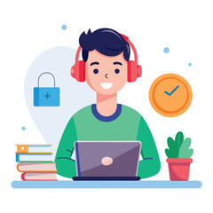 man in headphones, studying at laptop. Happy female student watching business webinar. Video conference call, remote work communication. Flat vector illustration isolated on white background