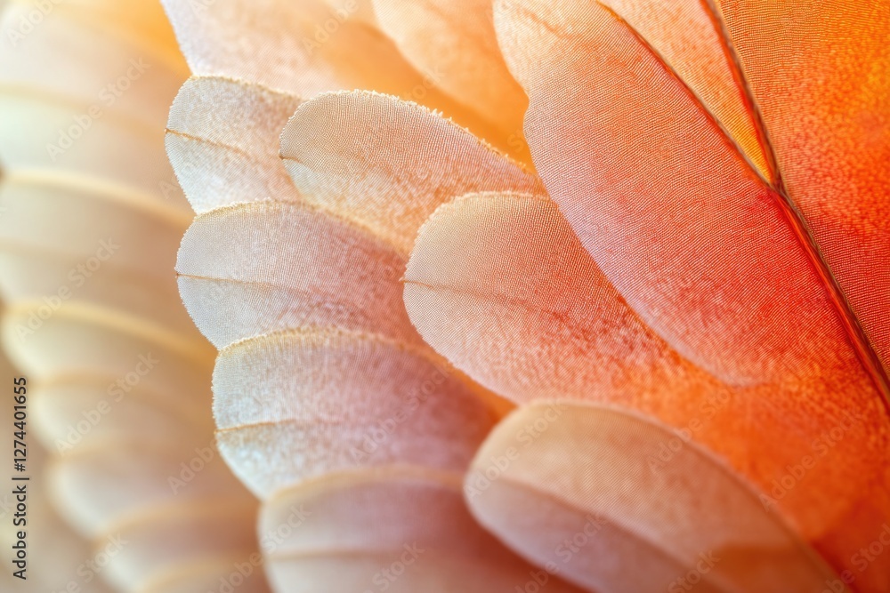 Poster close-up of delicate, orange and beige bird feathers, showcasing intricate textures and soft color g