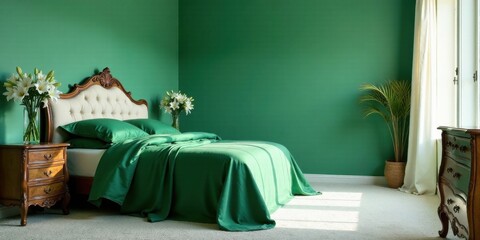 Serene Bedroom Interior Design Featuring a Luxurious Wooden Bed with Emerald Green Bedding and Elegant Accents
