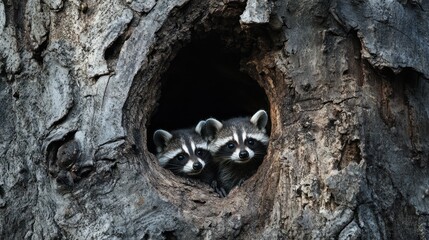 Two raccoons peering from tree hollow, forest background, wildlife photography (1)