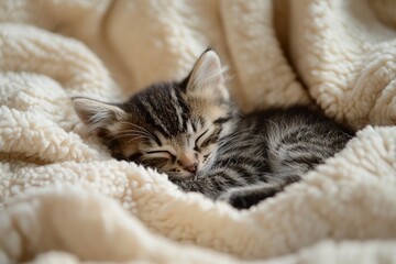 Adorable sleeping kitten on cozy blanket