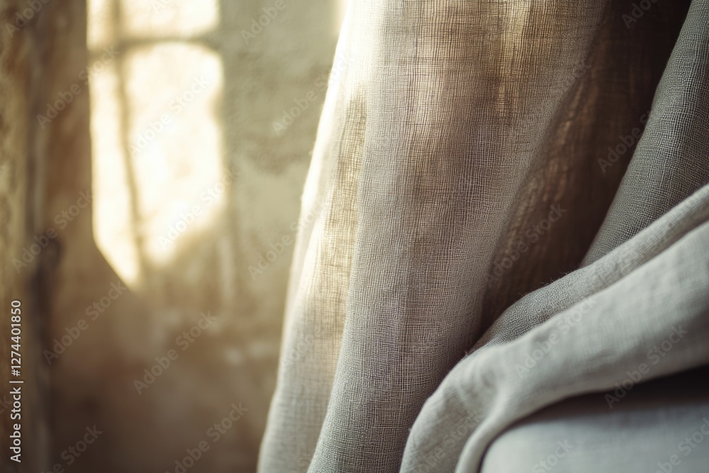 Poster sunlight filters through sheer linen curtains, creating a warm, textured scene.