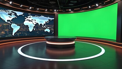 Virtual TV studio news set with green screen. World map background, 3D rendering create modern stage for broadcasting, exhibition, presentations, advertising, wedding event. Contemporary design with