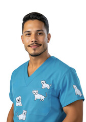 Male veterinarian wearing blue scrubs with dog prints on transparent background