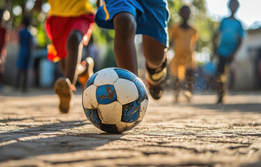 Fototapeta premium Soccer ball rolls on dusty earth as children play energetically in the background under warm sunlight in an African setting
