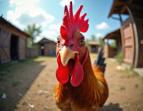 Close-up portrait of rooster looking at camera with fisheye lens. Domestic bird has bright red comb, brown feathers. Funny curious cockerel peeking on farm backyard in summer.