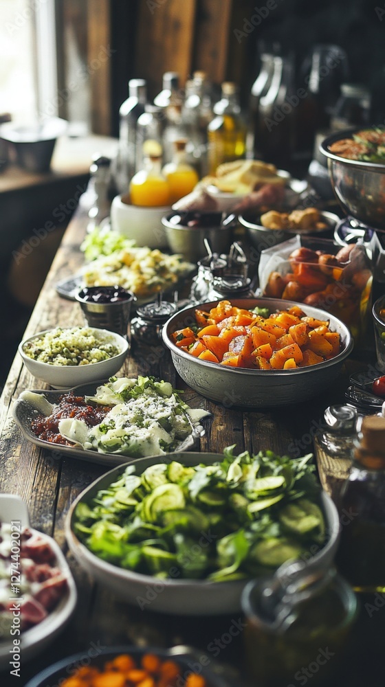 Poster rustic wooden table laden with vibrant array of fresh salads and appetizers in natural light setting