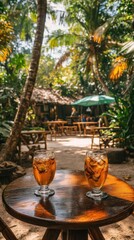 Refreshing iced beverage on wooden table amidst tropical jungle setting with lush vegetation and thatched hut in background