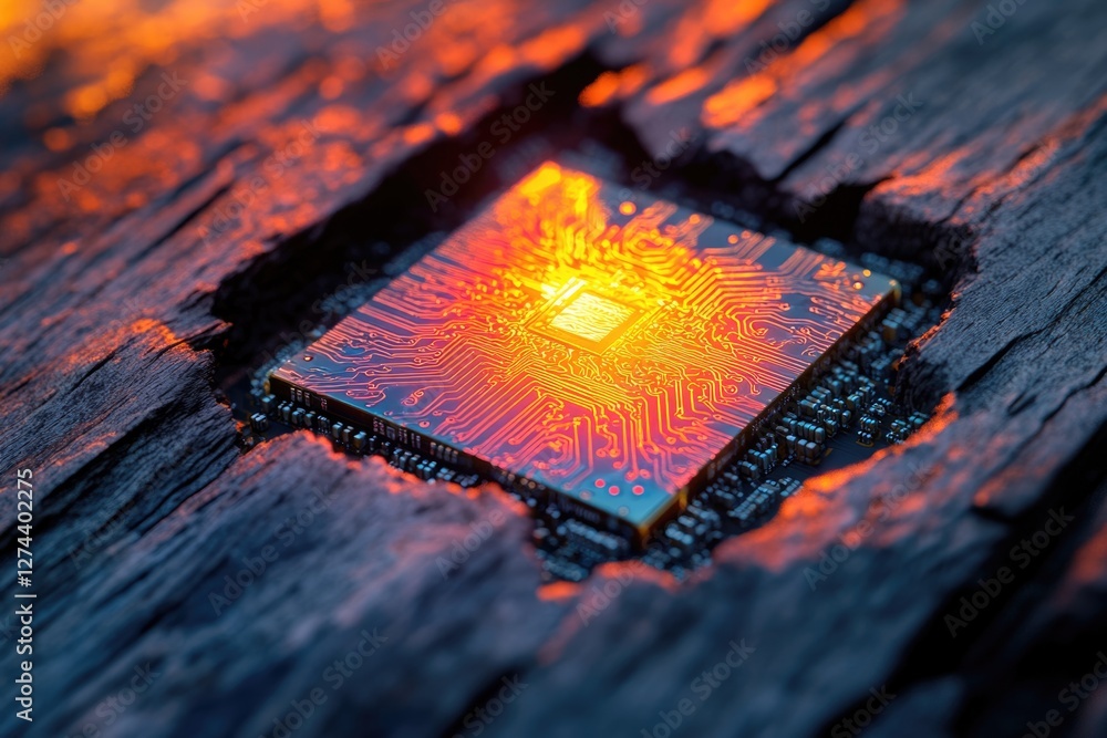 Poster glowing microchip embedded in dark, textured surface, symbolizing technological innovation and power